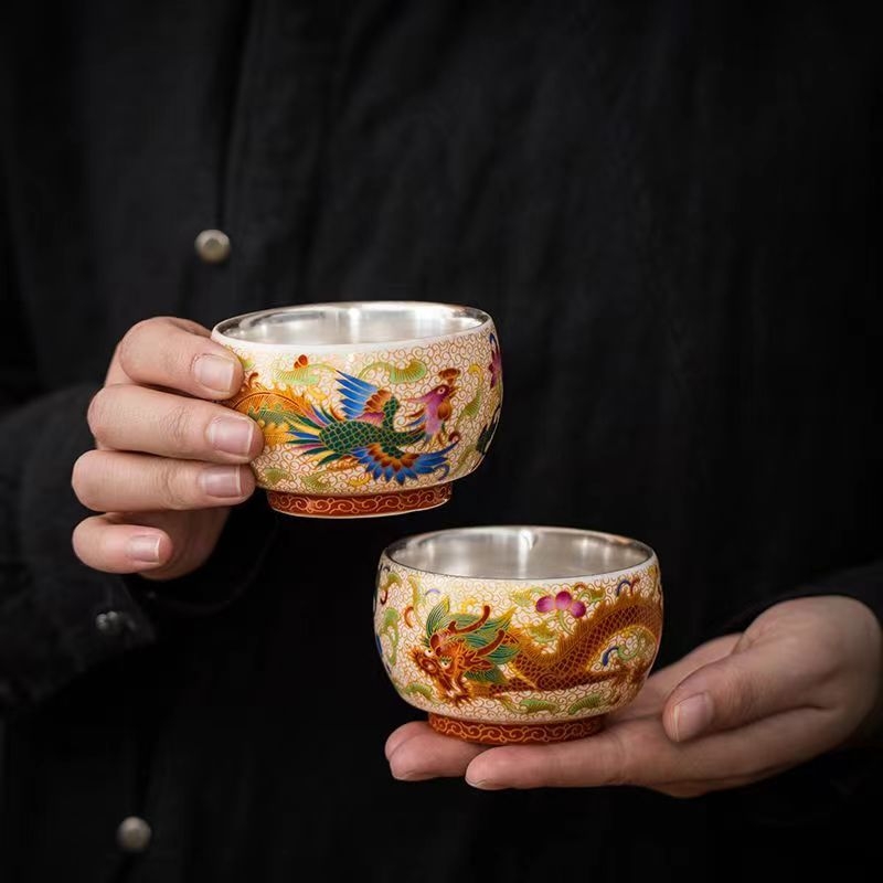 Ceașcă de ceai Gong Fu din ceramică Dehua, cloisonné dragon și phoenix, cu sârmă aurie, o singură ceașcă pentru degustare ceai