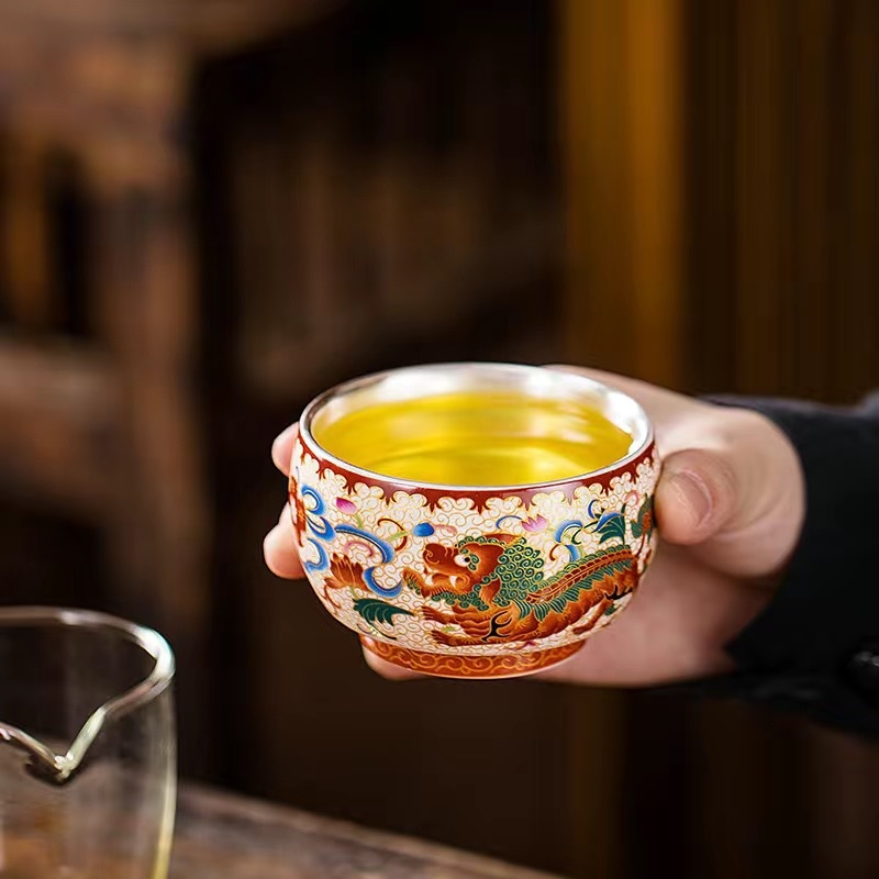 Ceașcă de ceai Gong Fu din ceramică Dehua, cloisonné dragon și phoenix, cu sârmă aurie, o singură ceașcă pentru degustare ceai