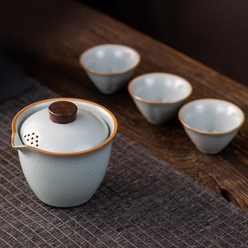 Set ceramic Kung Fu de ceai: ceainic cu mâner, bol cu capac anti-arzire și ceașcă de ceai pentru uz casnic