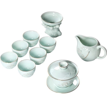 Set de ceai din porțelan alb și celadon, pictat manual: ceainic, cești și bol cu capac, cadou ceramic complet