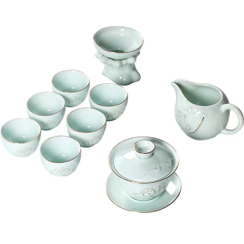 Set de ceai din porțelan alb și celadon, pictat manual: ceainic, cești și bol cu capac, cadou ceramic complet