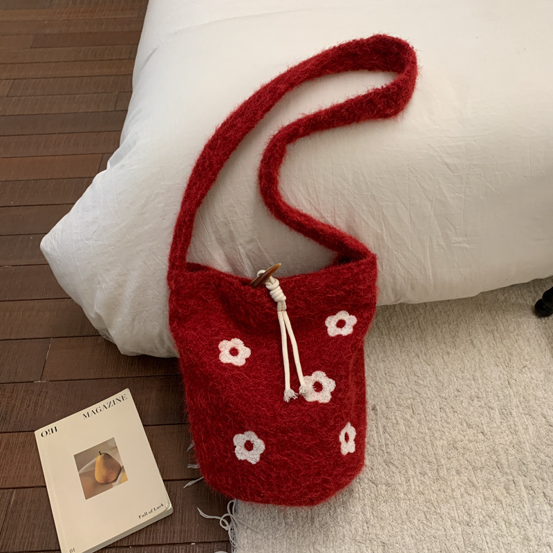 Ženska vunena bucket torbica s cvjetnim vezom, 2025, velika kapaciteta, nošenje preko ramena ili crossbody