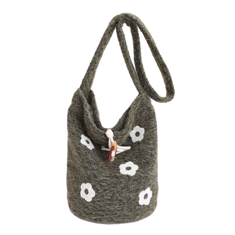 Ženska vunena bucket torbica s cvjetnim vezom, 2025, velika kapaciteta, nošenje preko ramena ili crossbody