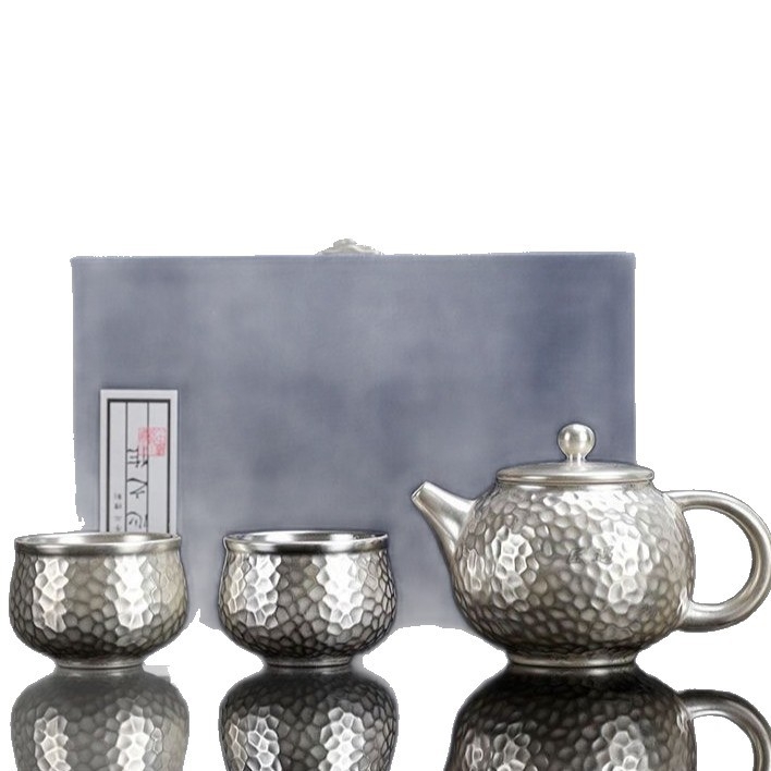 Set de ceai din argint 999: ceainic și cești din argint, set ceramic cu acoperire argintată, stil Xishi