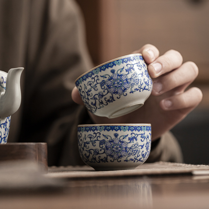 Ceașcă de ceai Ru Kiln albastru cu lotus, ceramică premium pentru uz personal