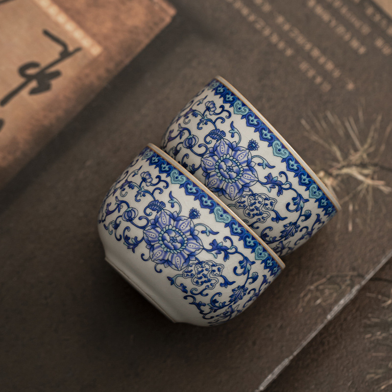 Ceașcă de ceai Ru Kiln albastru cu lotus, ceramică premium pentru uz personal
