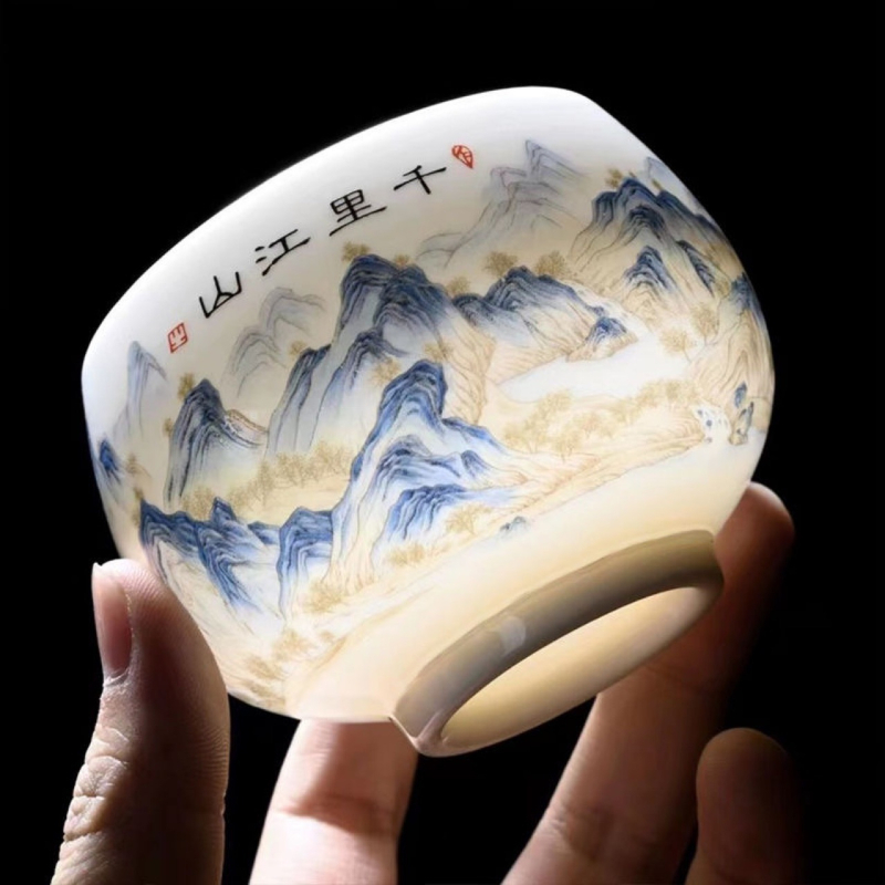 Porțelan Dehua Gongfu ceainic, ceașcă mare Qianli Jiangshan, bol de ceai pentru degustare și meditație
