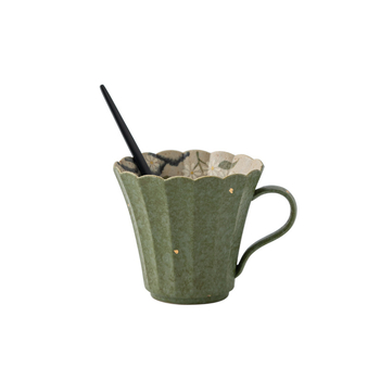 Ceașcă de cafea din porțelan, glazură verde cu accente aurii și motive cu margaretă, în stil chinezesc, pentru uz casnic și la birou