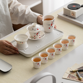 Set de ceai din porțelan alb, design inspirat de jad, tavă din bambus, logo personalizat, cutie cadou, pentru 6 persoane