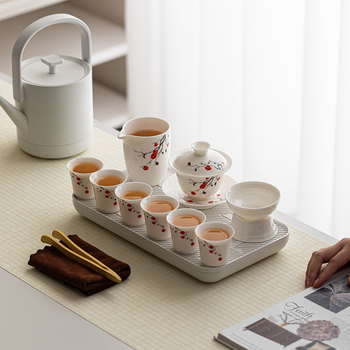 Set de ceai din porțelan alb, design inspirat de jad, tavă din bambus, logo personalizat, cutie cadou, pentru 6 persoane