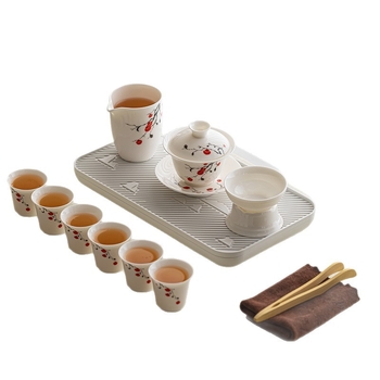 Set de ceai din porțelan alb, design inspirat de jad, tavă din bambus, logo personalizat, cutie cadou, pentru 6 persoane