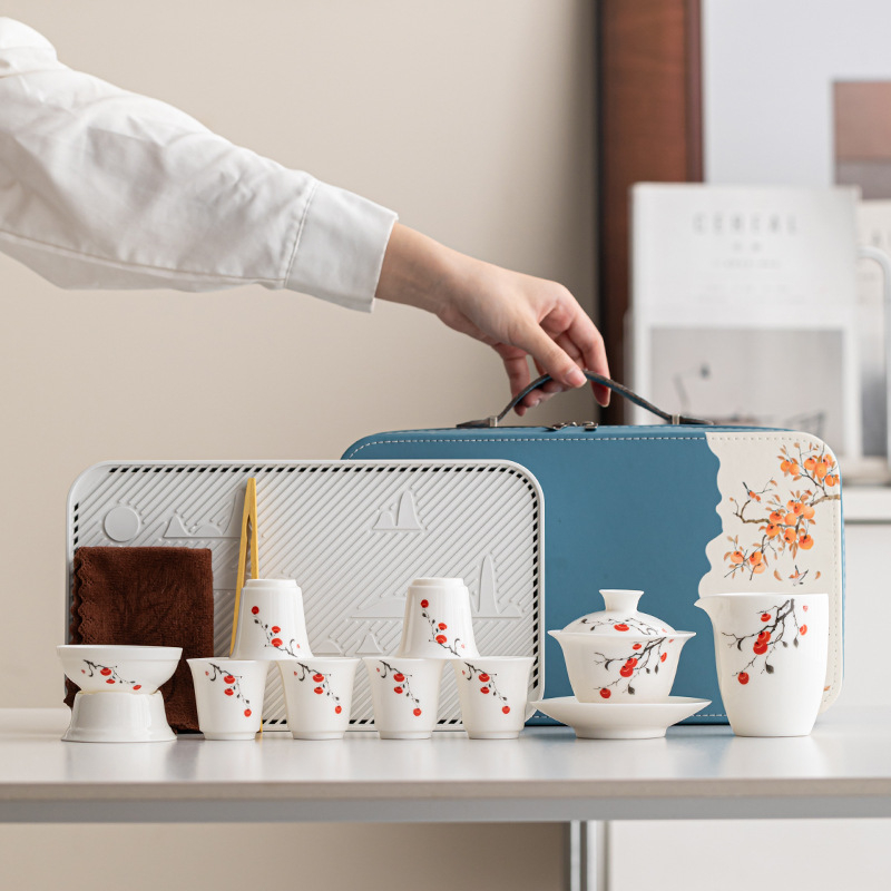 Set de ceai din porțelan alb, design inspirat de jad, tavă din bambus, logo personalizat, cutie cadou, pentru 6 persoane