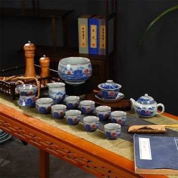 Set Gongfu de ceai Jingdezhen, porțelan albastru-alb, lucrat manual, cu ceainic, gaiwan și cești – ceramic pentru uz casnic și birou, 6-10 porții