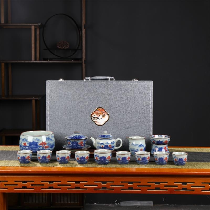Set Gongfu de ceai Jingdezhen, porțelan albastru-alb, lucrat manual, cu ceainic, gaiwan și cești – ceramic pentru uz casnic și birou, 6-10 porții