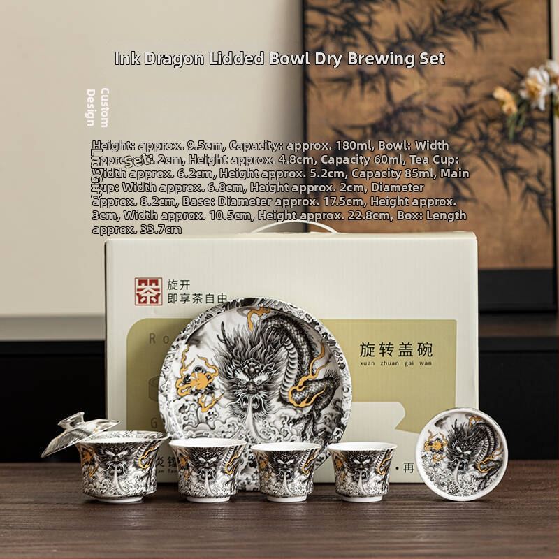 Thangka-ihletésű lógó gaiwan száraz infúziós tálcával – kerámia teáskészlet otthonra, 1 tál és 3 csésze, Gongfu stílus
