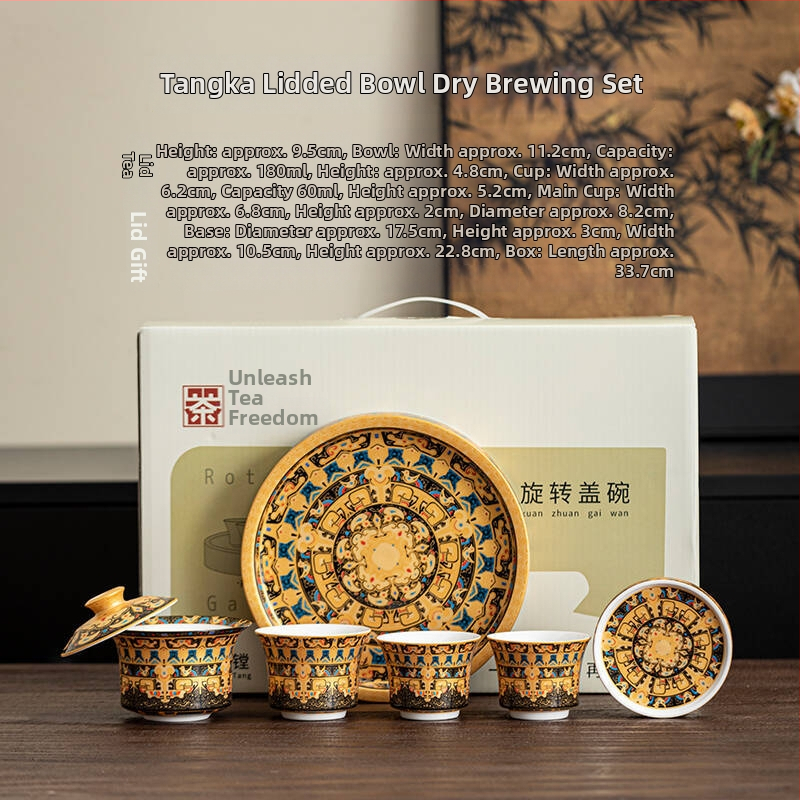 Thangka-ihletésű lógó gaiwan száraz infúziós tálcával – kerámia teáskészlet otthonra, 1 tál és 3 csésze, Gongfu stílus
