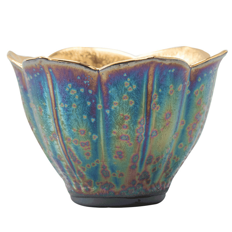 Ceșcuță de ceai colorată, bază din fier cu glazură la cuptor, ceramică placată cu aur, ceșcuță în formă de floare pentru aromă, mic bol de ceai