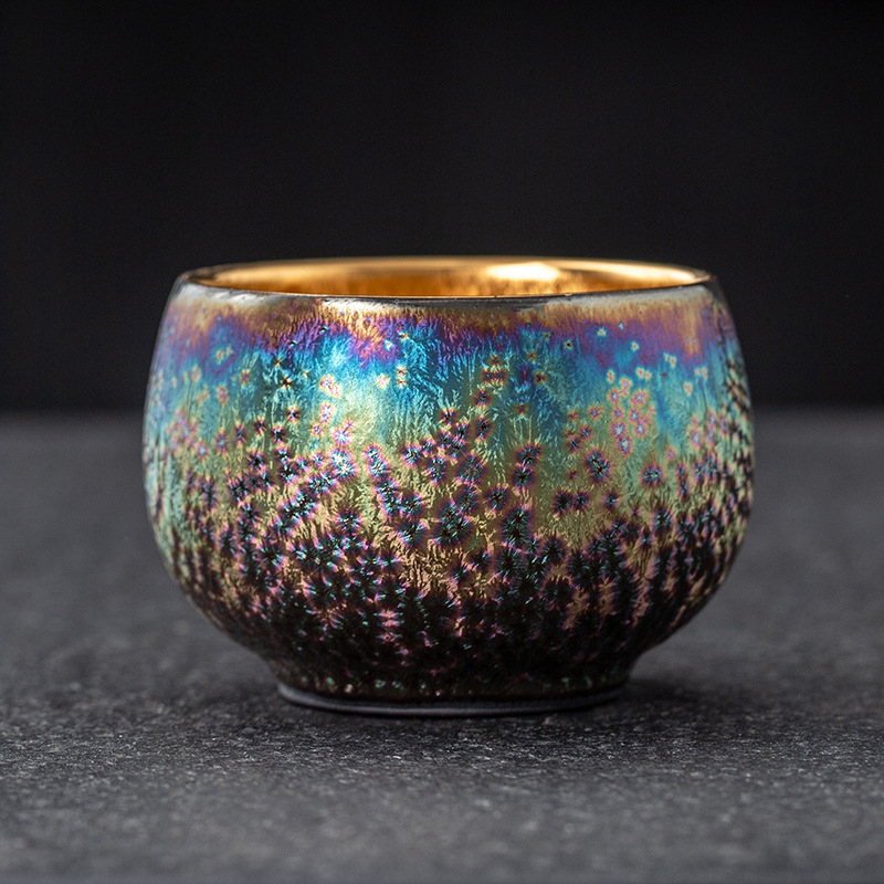 Ceșcuță de ceai colorată, bază din fier cu glazură la cuptor, ceramică placată cu aur, ceșcuță în formă de floare pentru aromă, mic bol de ceai