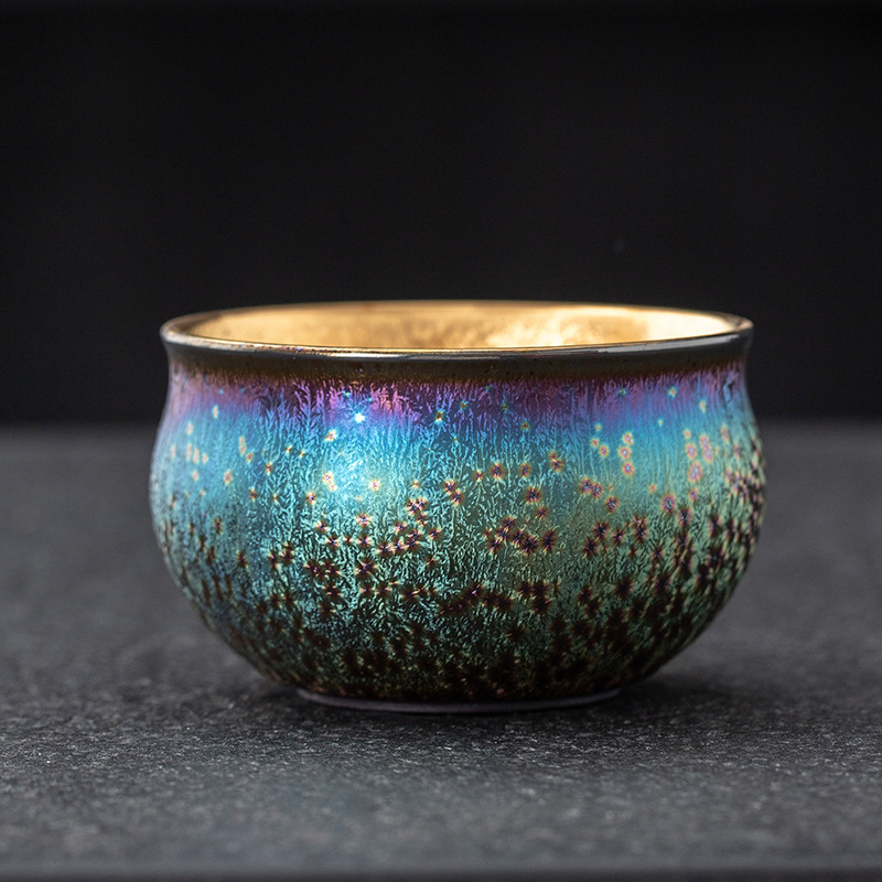 Ceșcuță de ceai colorată, bază din fier cu glazură la cuptor, ceramică placată cu aur, ceșcuță în formă de floare pentru aromă, mic bol de ceai
