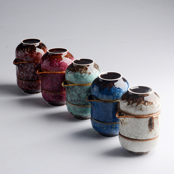 Set ceramic pentru ceai de călătorie, cu un ceainic și două cești, glazurat în cuptor