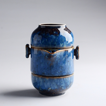 Set ceramic pentru ceai de călătorie, cu un ceainic și două cești, glazurat în cuptor