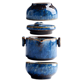 Set ceramic pentru ceai de călătorie, cu un ceainic și două cești, glazurat în cuptor