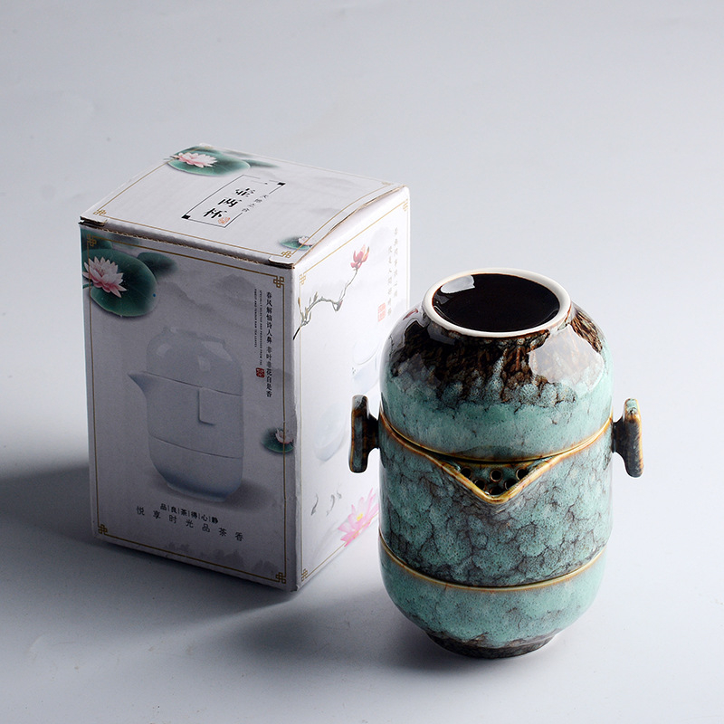 Set ceramic pentru ceai de călătorie, cu un ceainic și două cești, glazurat în cuptor