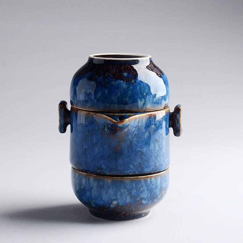 Set ceramic pentru ceai de călătorie, cu un ceainic și două cești, glazurat în cuptor