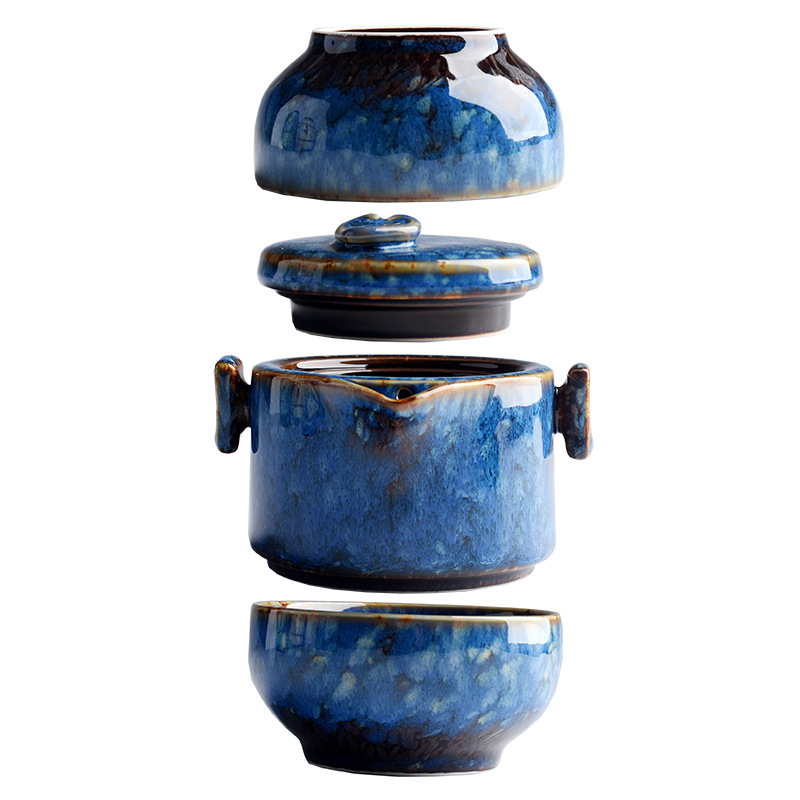Set ceramic pentru ceai de călătorie, cu un ceainic și două cești, glazurat în cuptor