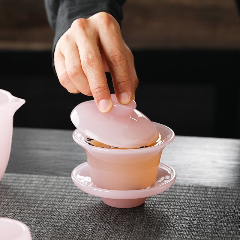 Ceainic de ceai din porțelan Jad Liuli, glazură chineză Liuli, hibiscus roz, ceașcă de degustare personală