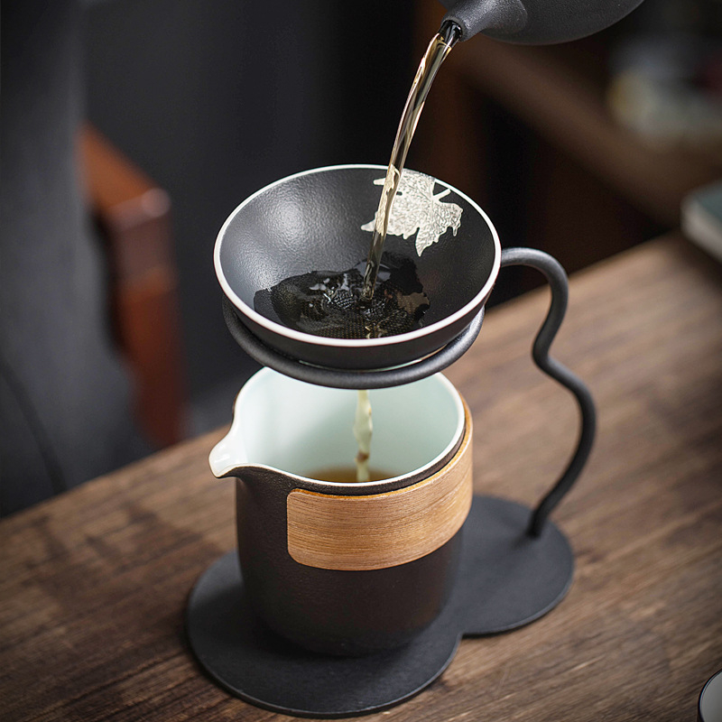 Filtru de ceai din ceramică neagră, set Kung Fu cu suport-filtru ceramic