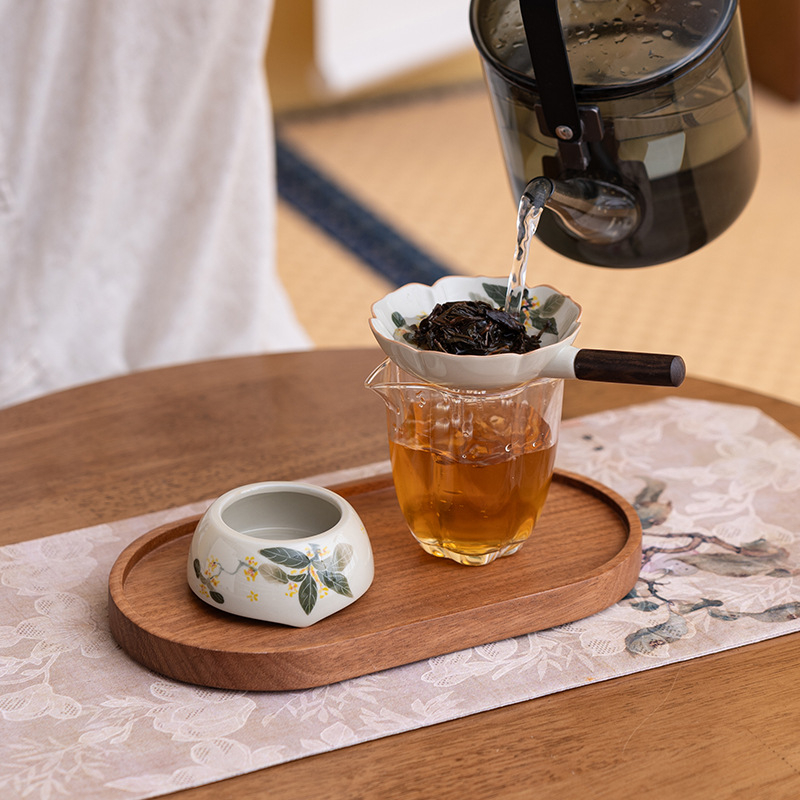 Filtru de ceai pictat manual cu Osmanthus, filtru ceramic integral, mâner din lemn