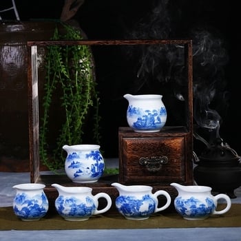 Ceșcă porțelan albastru-alb, pictată manual, Jingdezhen, cu peisaj, pentru set de ceai Kung Fu