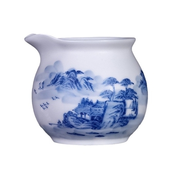 Ceșcă porțelan albastru-alb, pictată manual, Jingdezhen, cu peisaj, pentru set de ceai Kung Fu
