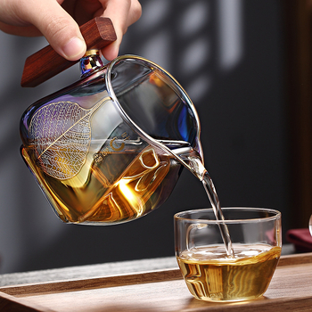 Beicai pahar de ceai din sticlă borosilicat, mâner din lemn, capacitate mare, separator și filtru încorporate