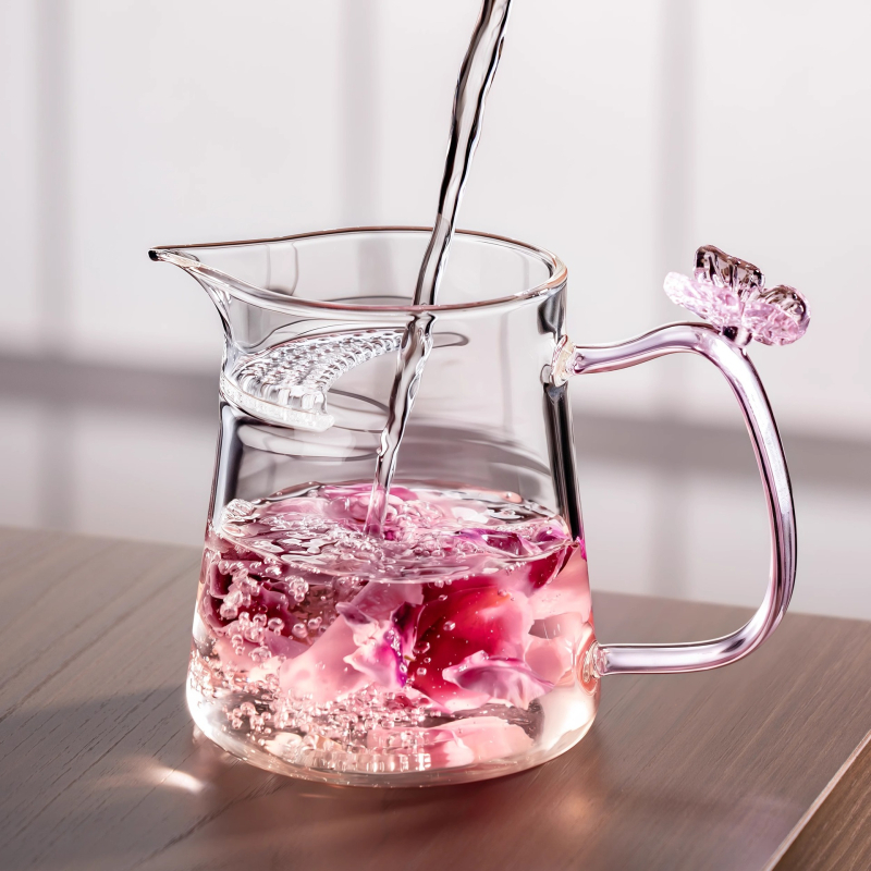 Cana de ceai din sticlă borosilicată înaltă, cu design de fluture, filtru integrat și separator de ceai pentru ceaiuri de flori și ceai verde