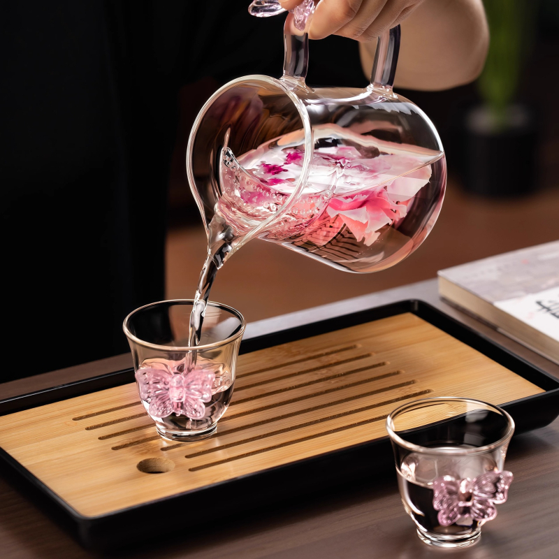 Cana de ceai din sticlă borosilicată înaltă, cu design de fluture, filtru integrat și separator de ceai pentru ceaiuri de flori și ceai verde