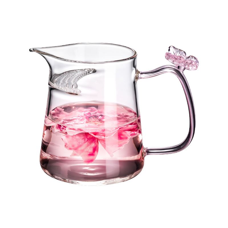 Cana de ceai din sticlă borosilicată înaltă, cu design de fluture, filtru integrat și separator de ceai pentru ceaiuri de flori și ceai verde