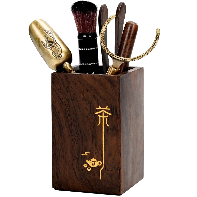 Baril de ceremonie de ceai din lemn de abanos cu finisaj auriu – set Six Gentlemen, accesorii pentru ceai: ac de ceai, linguriță, ceașcă, furculiță, ceainic cu diamante, pix, recipient de depozitare