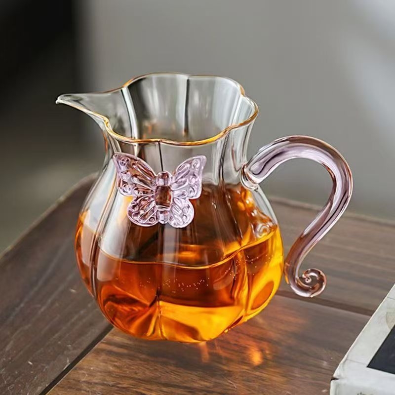 Ceainic din sticlă borosilicat rezistentă la căldură cu mâner, motiv fluture-viță, set de ceai pentru uz casnic