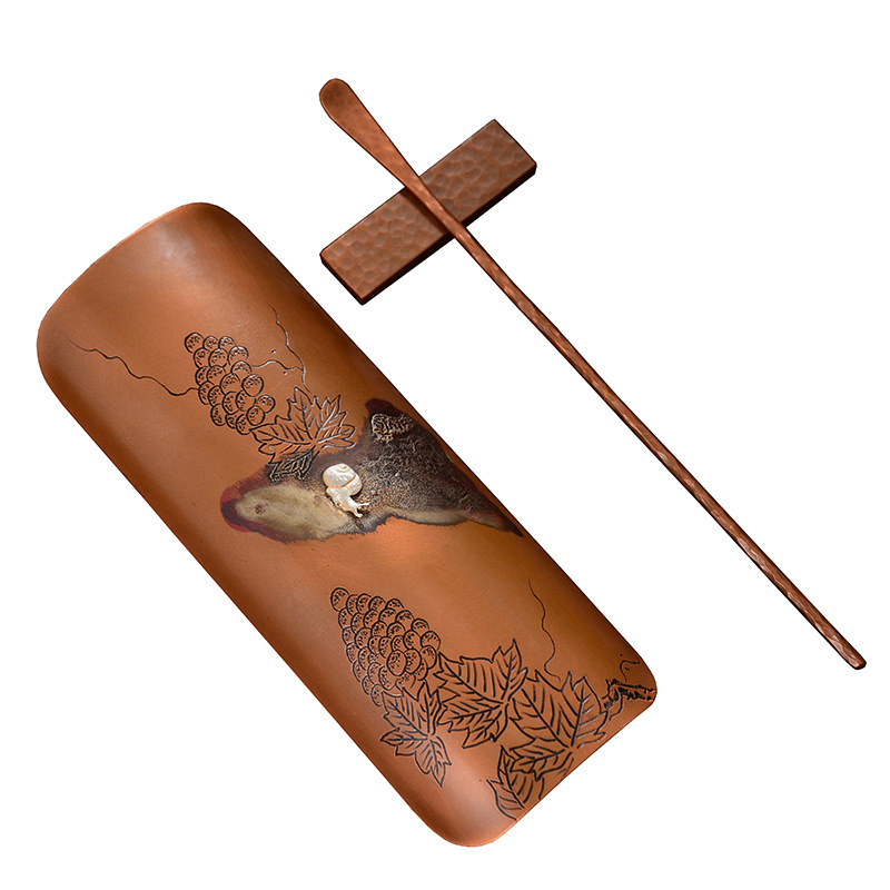 Set de ceai din alamă cu argint încrustat, trei piese, inspirație zen, lucrat manual, stil retro Kung Fu, include linguriță pentru ceai