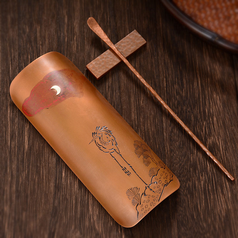 Set de ceai din alamă cu argint încrustat, trei piese, inspirație zen, lucrat manual, stil retro Kung Fu, include linguriță pentru ceai