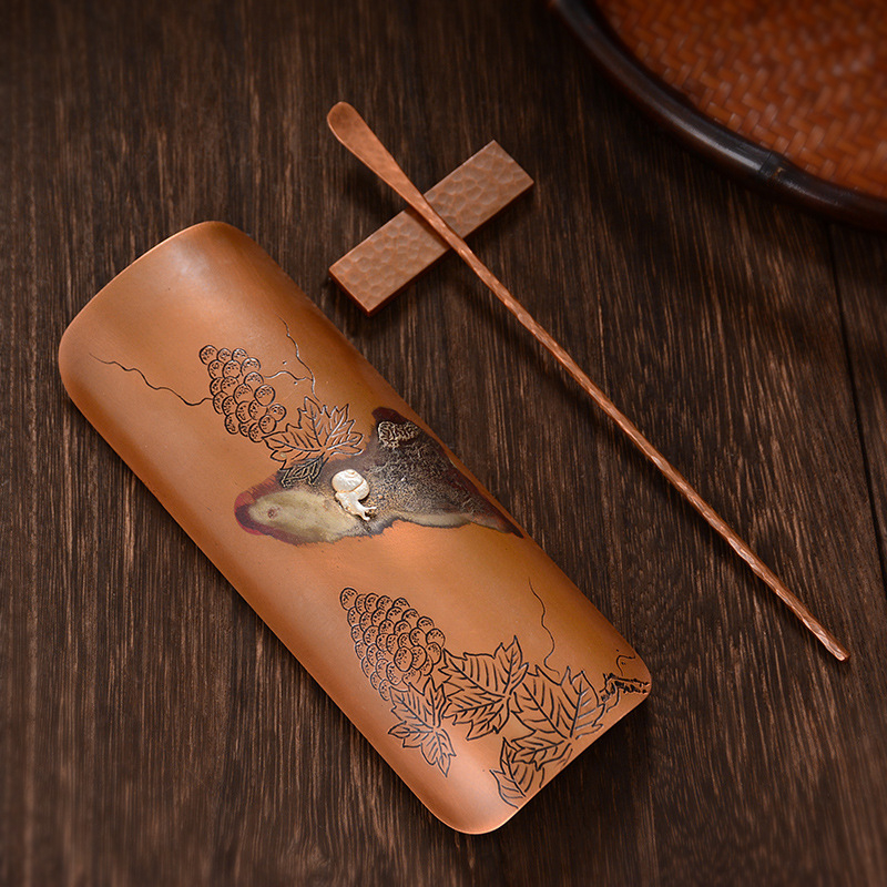 Set de ceai din alamă cu argint încrustat, trei piese, inspirație zen, lucrat manual, stil retro Kung Fu, include linguriță pentru ceai