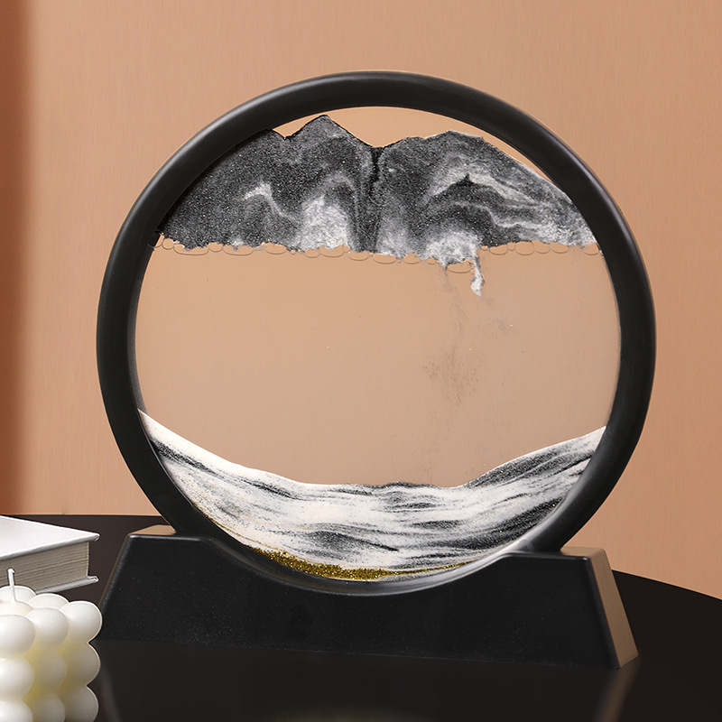 Pictură rotundă 3D cu nisip în mișcare și clepsidră pentru decor interior – ornament de masă