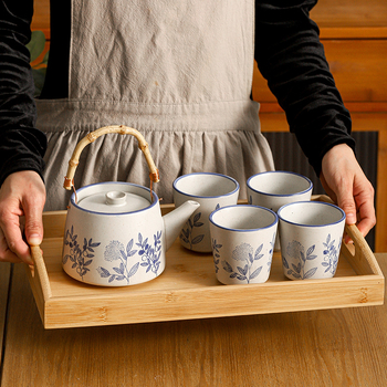Ceainic în stil japonez cu ceașcă, set de ceai din ceramică albastru-alb, suprafață pictată manual