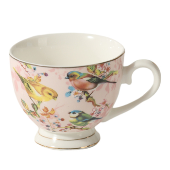 Set de ceai în stil britanic, cu pasăre roză și ceainic floral; încălzire cu lumânare pentru ceai de fructe