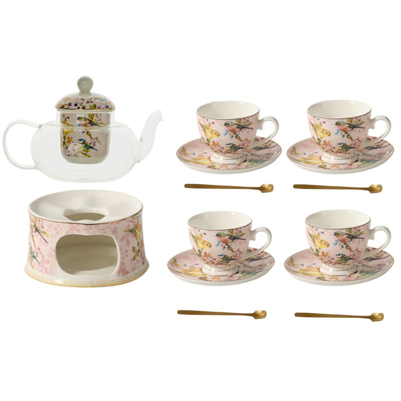 Set de ceai în stil britanic, cu pasăre roză și ceainic floral; încălzire cu lumânare pentru ceai de fructe