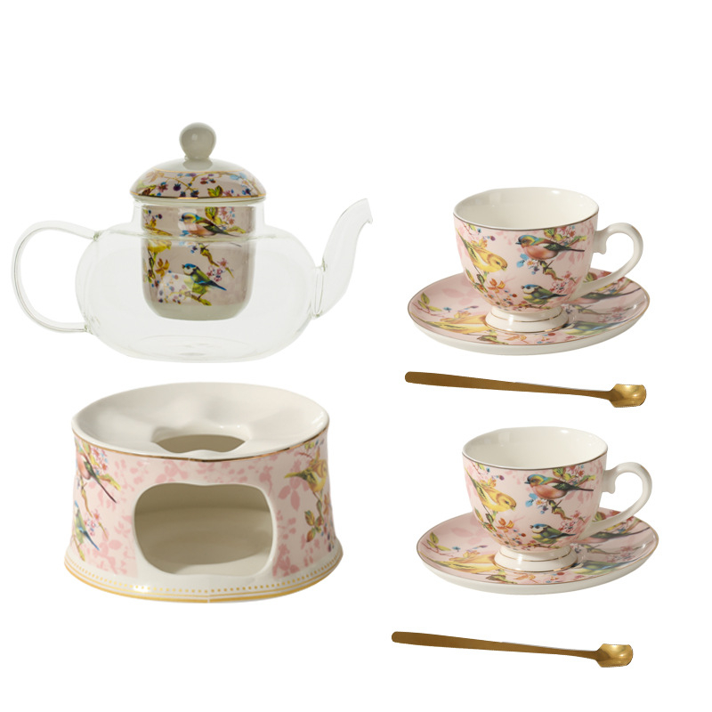 Set de ceai în stil britanic, cu pasăre roză și ceainic floral; încălzire cu lumânare pentru ceai de fructe