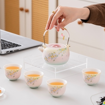 Set din porțelan ceainic și cești cu gradient jadeit, mâner floral verde-liliac