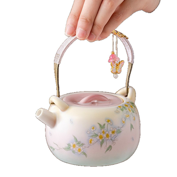Set din porțelan ceainic și cești cu gradient jadeit, mâner floral verde-liliac